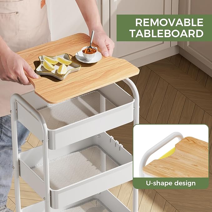 3-Tier Rolling Cart with Table Top, Metal Utility Cart on Wheels | Sturdy Storage Organizer Cart with Lockable Wheels&Hooks for Craft, Office, Classroom, Kitchen and Bathroom, WHite