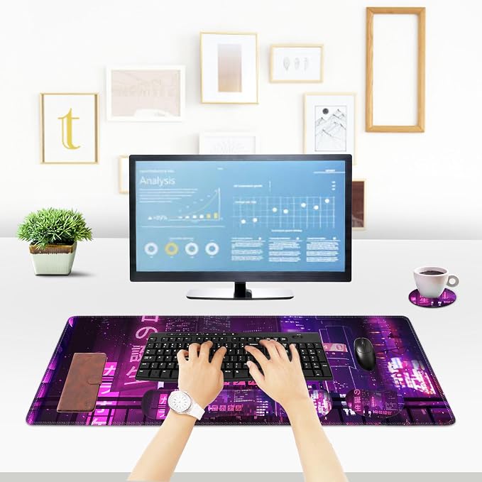 ToLuLu Extended Mouse Pad, Memory Foam Ergonomic Wrist Rest Support Set | Large Gaming Desk Mat with Stitched Edges fr Keyboard Mouse, Non-Slip Base Mousepad for Home Office, Neno City Anime Japanese