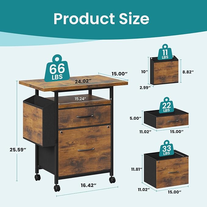 OLIXIS 2 Drawer File Cabinet with 24'' Wide Desktop, Rolling Printer Stand | Printer Cart with Lockable Wheels, Fabric Drawer Cabinet Under Desk with Storage Side Bag for Small Space, Home Office, Brown