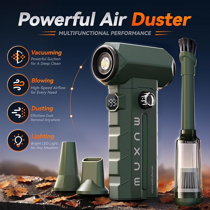 MUXNW Electric Air Duster & Vacuum 2-in-1, 130000RPM Cordless Rechargeable Compressed Air Duster with 100-Speed Display, 8000mAh Battery, USB-C Fast Charging for PC, Home, Car Interior (Green)