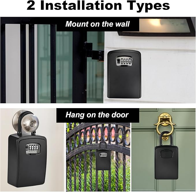 XXL Large Key Lock Box, 5.5"x4.1"x2.1", Upgraped Material | Waterproof Kirsite Combination Lockbox for Keys Outdoor, Portable Key Lock Box Wall Mount with Code (1 Pack, Black)