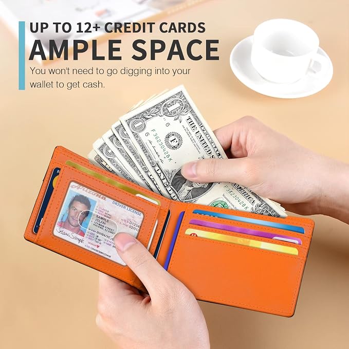 RUNBOX Wallet for Men, Slim Leather Bifold, RFID Blocking Card Holder | Minimalist Front Pocket Design, Credit Card Organizer, Holds 11 Cards, Large Capacity, Thin Profile, Birthday Gifts for Men