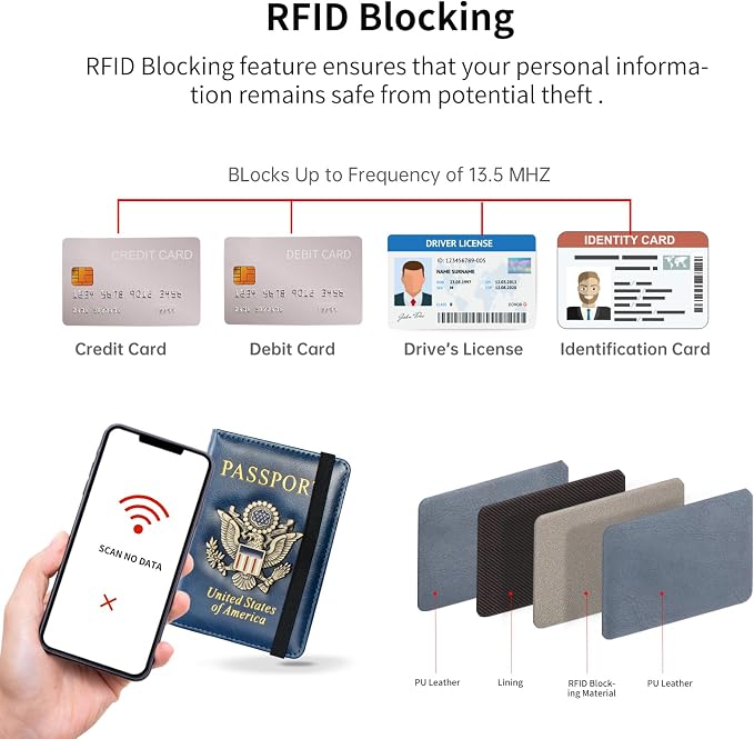 Passport Holder and Card Slot Combo RFID Blocking Leather Travel Passport Wallet for Men and Women US Passport Cover, Blue