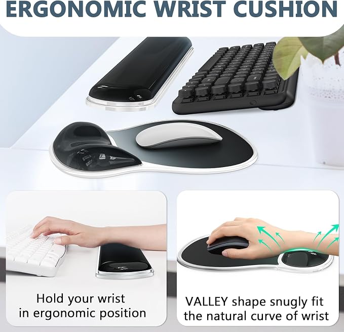 AKIT Ergonomic Mouse Pad with Wrist Rest&Keyboard Wrist Rest Set,Gel,Black | Wrist Support for Computer Keyboard, Non-Slip PU Base, Pain Relief, Typing Comfort, Mousepad for Gaming, Office, Home