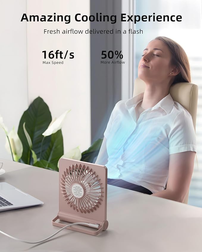 Koonie USB Desk Fan, Strong Wind Ultra Quiet Small Mini Fan | 220° Tilt Folding & 3 Speeds Adjustable, USB-C Powered Personal Fan for Home Office Desktop, Pink, NO BATTERY
