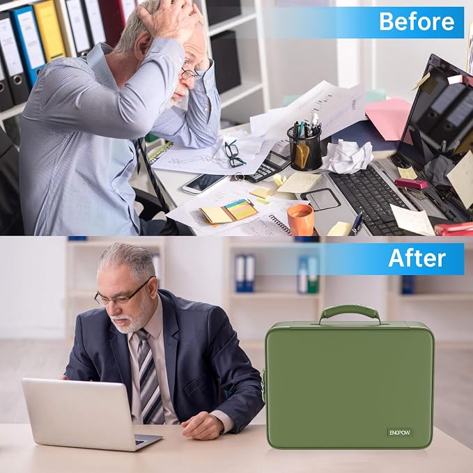ENGPOW Fireproof File Organizer Bag with 13 Pockets Accordion File Folder | 5200℉ Document Organizer Box with Lock & Labels, Multi-Layer, Portable Home Safe Storage for Important Documents, Green