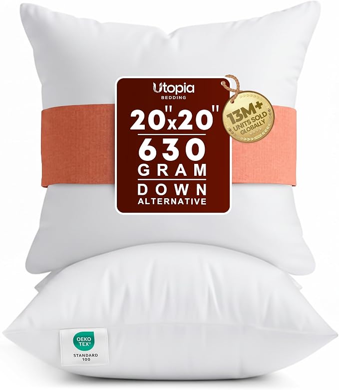 Utopia Bedding 20x20 Pillow Inserts, White Throw Pillows for Couch, 2 Pack | Indoor cushion inserts for bed, sofa & couch, Supportive & fluffy decorative pillows for everyday comfort, Set of 2, White