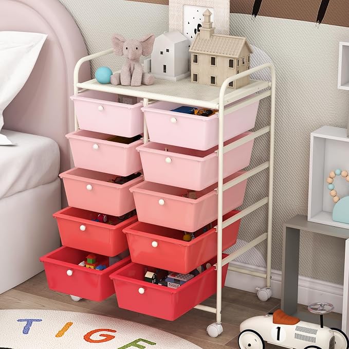 COSTWAY 10 Drawer Rolling Storage Cart, Utility Cart with Lockable Wheels | Mobile Art Supply Craft Organizer with Metal Frame, Multipurpose Drawer Cart for Paper for Office, School, Mixed Pink