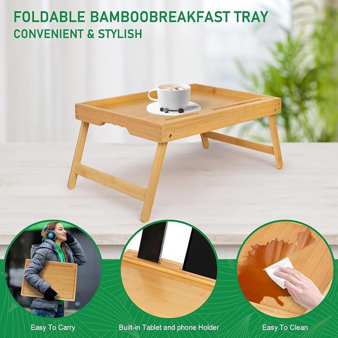 Artmeer Bamboo Bed Tray Table with Device Slot, Folding Legs, Large, Bamboo | FSC-certified bamboo bed tray with folding legs, device slot and handles for meals, laptops, reading and serving in bed.