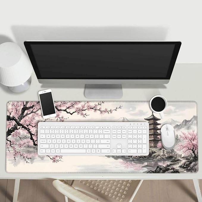 Cherry Blossom Gaming Mouse Pad Large Extended Desk Mat Non-Slip Rubber Base Keyboard Pad with Stitched Edges for Office Gaming 31.5x11.8 in