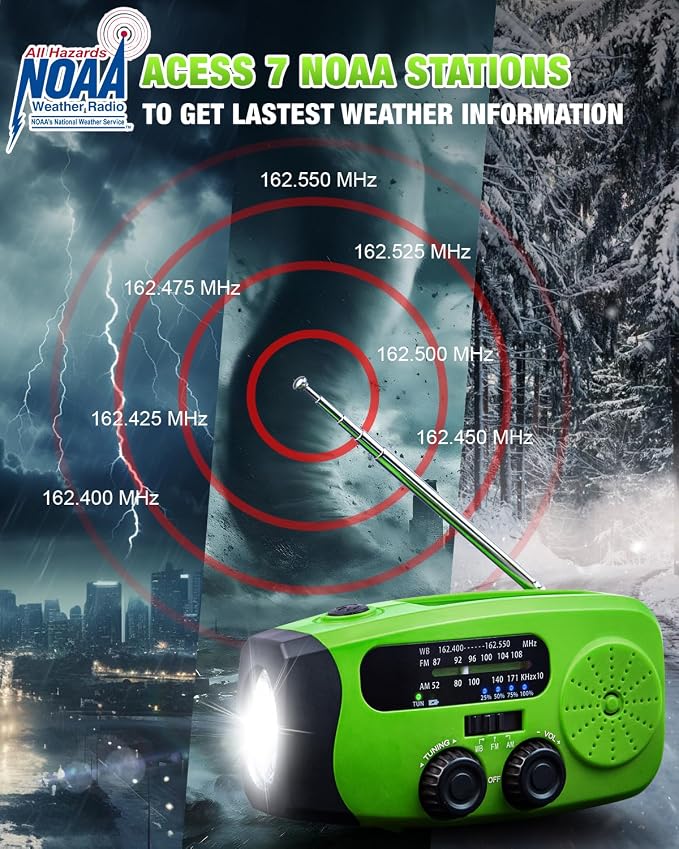 Hand Crank Radio with AM/FM/NOAA Weather Bands,for Emergencies, Camping | 3 LED Flashlights,SOS Function,Solar Powered,Hand Cranked, 2000mAh/7400mWh Charger,for Power Outage - Green