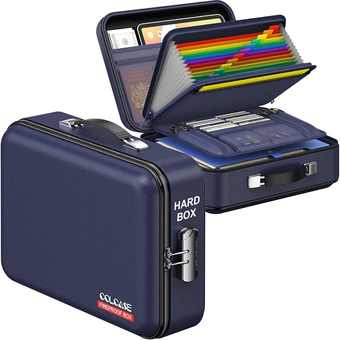 Fireproof Document Box with Lock, Hard Fireproof Document Organizer | Hard-Shell Fireproof Waterproof Safe Box with Combination Lock Blue
