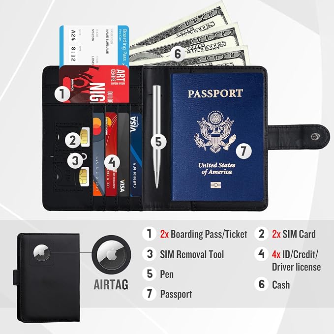 Passport Holder with AirTag Slot, Travel Passport Book Wallet | RFID Blocking, PU Leather, Cards Pocket, Cash Pocket, Passport Case, Women Men Travle Gifts, Travel Essentials