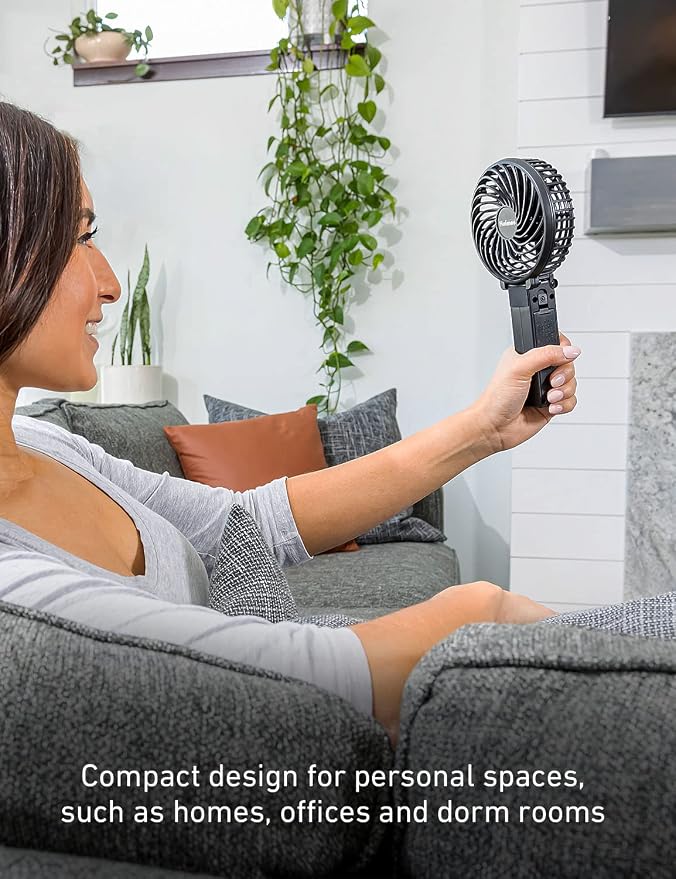HOLMES 4" Portable, Handheld, Personal or Desk Fan, 3 Speeds, Rechargeable battery, USB-C Charging Cable, 180° Adjustable Head, Lightweight, Compact, Ideal for On-The-Go Use or Home and Office, Black