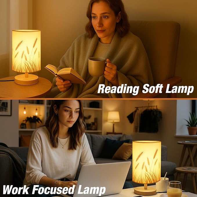 Desk Lamp LED Bulb Included, Small Bedside Table Lamp Plug-in - Classic Wood Base with Flaxen Fabric Shade, Lamps for Night Stands, Simple Nightstand Light for Bedroom, Office, Desk