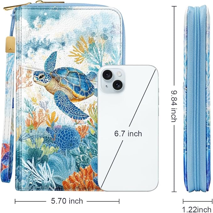 Family Passport Holder Wallet RFID Blocking Document Organizer | PU Leather Mulit-purpose Travel Wallet Credit Cards Case for Women Men, Sea Turtle