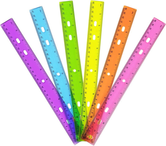 ZZTX 6 Pack Color Transparent Ruler Plastic Rulers 12 Inch, Metric Bulk Rulers with Inches and Centimeters, Kids Ruler for School, Home, Office