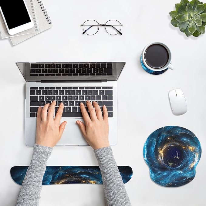 Ergonomic Mouse Pad Set with Wrist Rest, Galaxy Space | Blue Black Non-Slip Rubber Base Wrist Cushion Support and Coasters Mousepad with Wrist Support for Computer Keyboard
