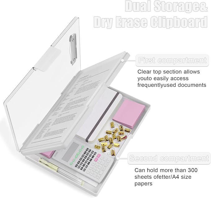 Hongri Clipboard with Storage, White 8.5 x 11 Clip Board, Dual Compartmen | Folder Nursing Side Opening, Heavy Duty Organization Box, Smooth Writing for Teachers, Classroom, Size 13.3 x 9.4 x 1.5 in