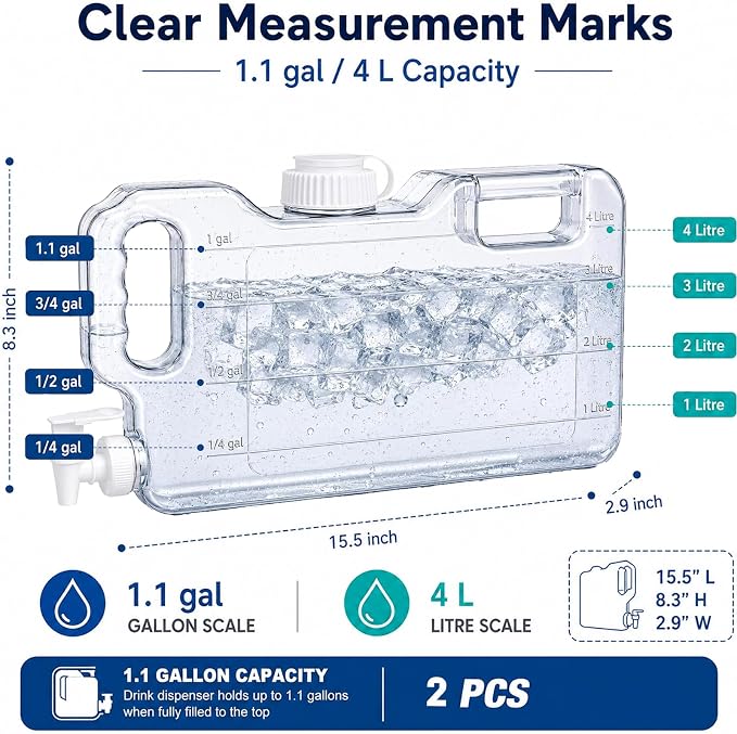 Fridge Water Dispenser with Leak-Proof Spigot, Reusable Refrigerator Drink Dispenser with Handle, Water Jug Beverage Container for Iced Tea, Juice, Lemonade, Party and Daily Use (2, 1.1 Gallon)