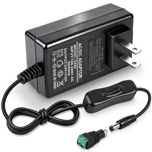 24V 2A Power Supply, 48W 24 Volt DC Power Adapter with On/Off Switch, 110V AC to 24V Transformer Plug for LED Strip Lights with 5.5x2.1mm DC Female Connector, Black
