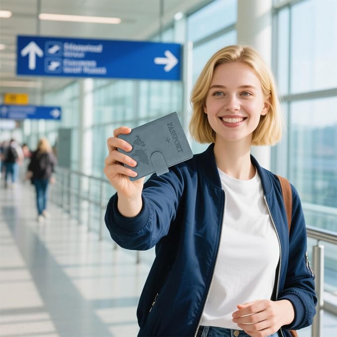 Passport Holder for Travel Essentials, Light Blue Leather Passport Cover, Passport Wallet Holders for Women Men Family Travel Gifts Must Have Accessories, Credit Card Cash Air Ticket Storage Supplies