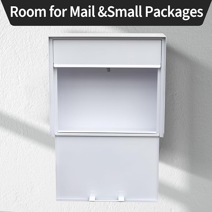 Wall Mount Mailbox for House Outside, Anti-Theft Locking Mailbox, Weatherproof Mailboxes 13.5" H x 15" L x 5.5" D, White