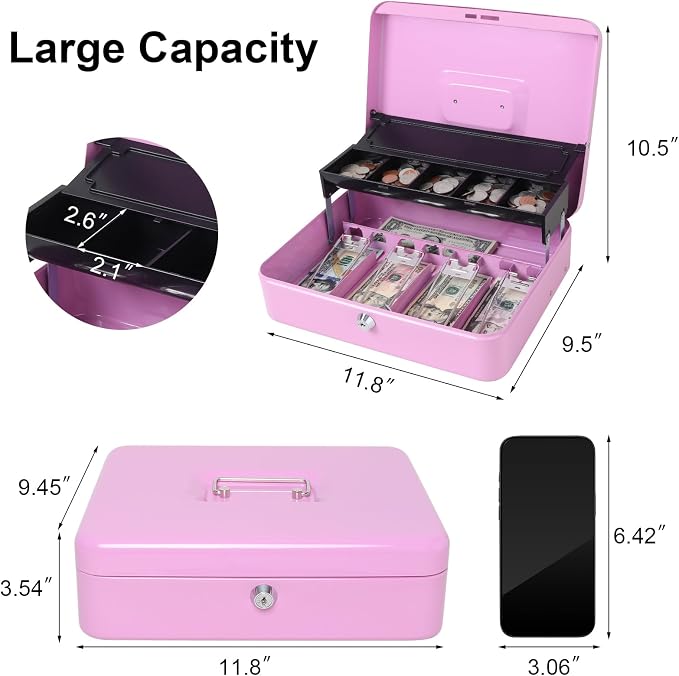 Jssmst Locking Metal Cash Box with Coin Lid, 11.8L x 9.5W x 3.5H Inches, Safe Money Box with Key Lock, Light Purple, SM-CB0517LP