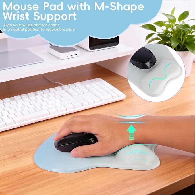 Mouse Pad with Wrist Rest Ergonomic Mouse Pad with Comfortable M-Shape Pain Relief Wrist Support Non-Slip PU Base Mousepad for Laptop, Office & Home (Light Blue)