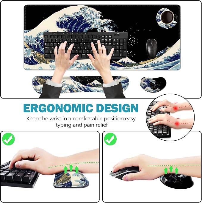 ToLuLu Extended Gaming Mouse Pad, Ergonomic Keyboard Mouse Wrist Rest Set | Large Desk Mat with Stitched Edges, Memory Foam Support Non-Slip Base Mousepad for Home Office Game Study, Wave of Kanagawa