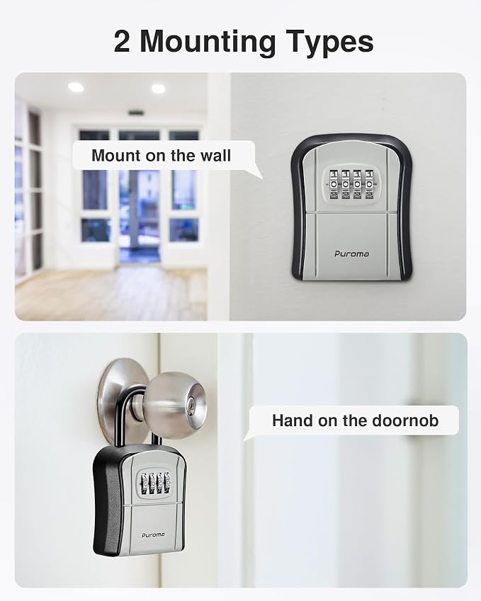Puroma Key Lock Box, Portable Combination Lockbox Wall-Mounted Key Storage Box for House Keys, Resettable Code Safe Security Lock Box for Home, Office, Apartment Spare Key Storage (1 Pack, Gray)