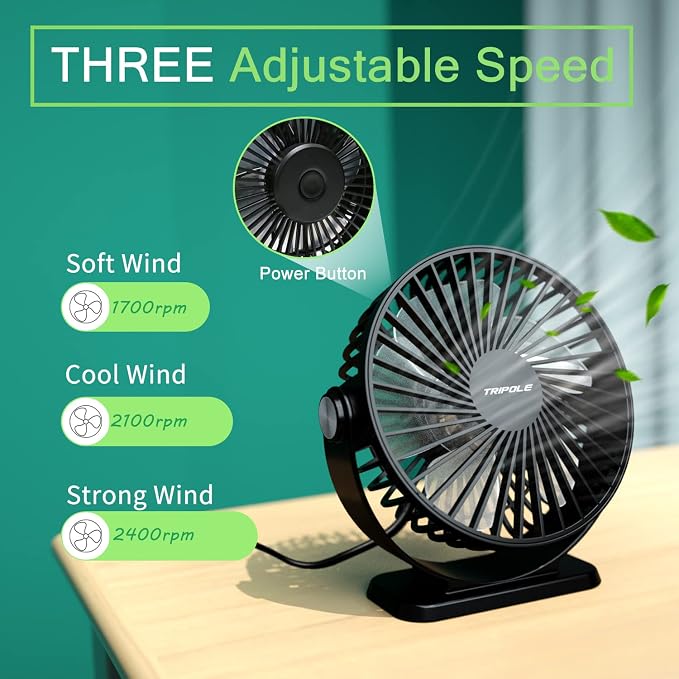 TriPole Small Desk Fan 2 Pack USB Powered Mini Portable Fan 360°Rotation | 3 Speeds Plug In USB Desk Fan Strong Airflow, 5.1" Small Quiet Personal Fan for Home Office Bedroom Hotel Travel, 4.9ft Cable