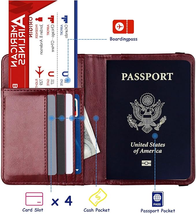 TOURSUIT RFID Blocking Passport Holder, Leather Travel Wallet, Rose Red | Travel Document Holder Cover Accessories, 3D Metal Badge, For Women Men
