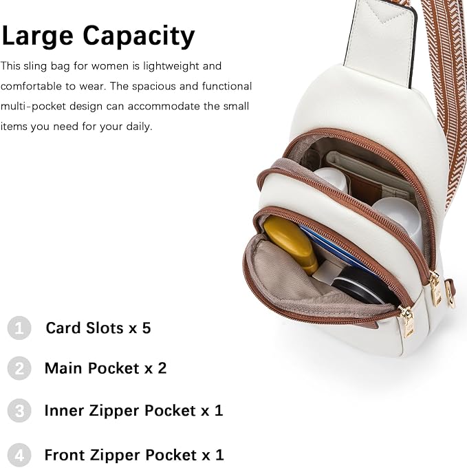BOSTANTEN Sling Bag for Women Leather Crossbody Bags Fanny Pack Chest Bag for Travel | Adjustable Wide Strap, Small, Anti Theft, Lightweight, Multi Pockets and Carrying Way, Card Slot, Cute Trendy for Everyday