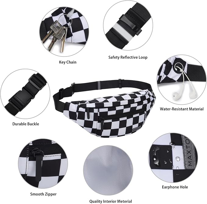 MAXTOP Large Checkered Fanny Pack Crossbody Belt Bag for Shopping Traveling | Black and White Checkered,4-Zipper Pockets,Enjoy Shopping Sports Running Casual Hands-Free Passport Waist Bag