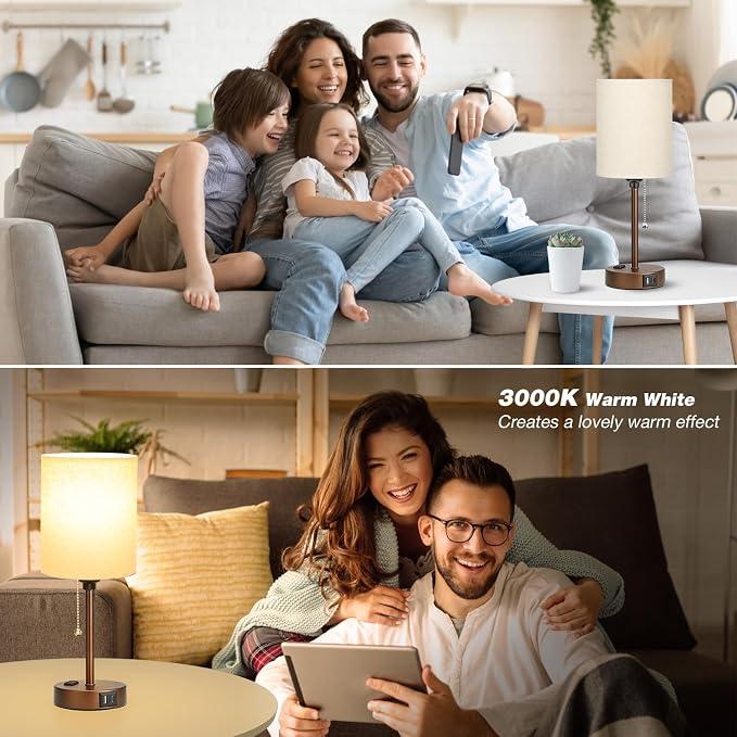 Small Bedside Table Lamp for Bedroom, Desk Lamp with USB Ports for Dorm | USB A+C Ports, AC Outlet, 3 Color Temperatures, LED Bulb Included, Beige Fabric Shade, Coffee Base, 14" Night Stand Lamp