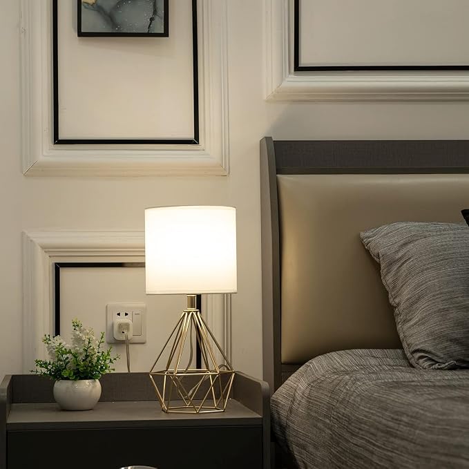 Gold Modern Hollow Out Base Bedroom Small Table Lamp,Bedside Nightstand Lamp with Geometric Metal Base White Fabric Shade,Cute Desk Lamp for Kids Living Room
