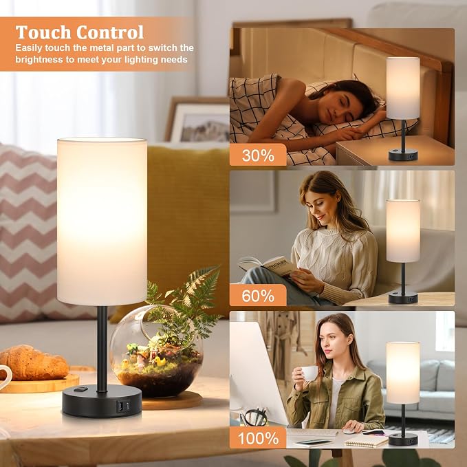 Touch Bedside Table Lamps Set of 2 - Bedroom Lamp with USB A+C, AC Outlet | 3-Way Dimmable, LED Bulb Included, White Fabric Lampshade, Matte Black Metal Base & Pole,17" Tall Nightstand Lamp for Desk