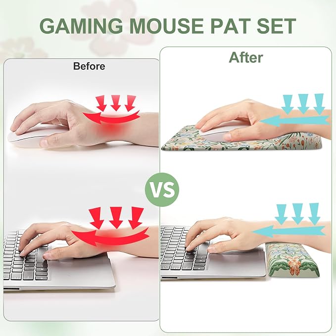 iCasso Mouse Pad with Wrist Rest, Large Desk Mat Set, Light Green | Ergonomic Keyboard Pad with Wrist Support, Non-Slip Mouse Mat for Women, Cute Floral Computer Mat for Home Office Gaming