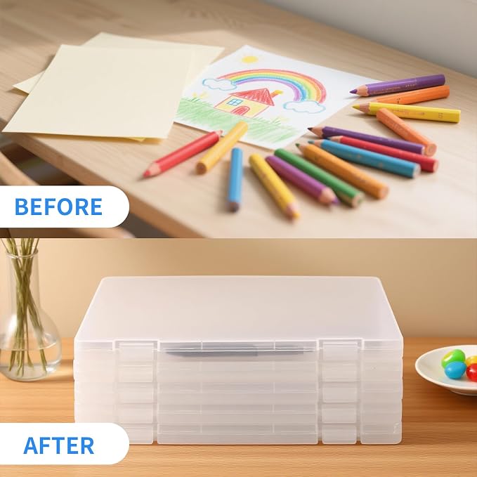 4 Pack A4 Frosted Paper Organizer Box,Project Scrapbook Paper Organizer Containers Portable File Storage with Tight Latch & Suspension Hole & Christmas Stickers for Art Supplies 8.5" x 11" US Letter