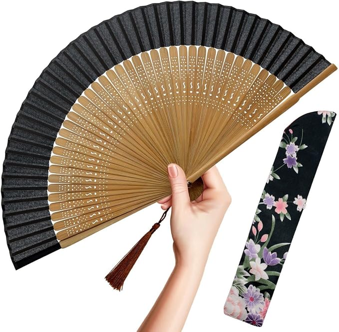 OMyTea Folding Hand Fan for Women - Foldable Chinese Japanese Vintage Bamboo Silk Fan - for Hot Flash, Church, Decoration, EDM, Music Festival, Dance, Party, Performance, Gift (Sexy Bamboo)