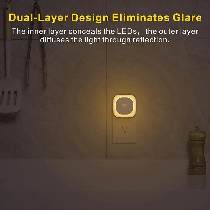 YUNLEX 2 Pack Plug in Night Light with Motion Sensor & Dusk to Dawn Sensor, 3 in 1, Dimmable Reflected Light, Warm White Nightlight for Living Room, Bathroom, Hallway, Stairs
