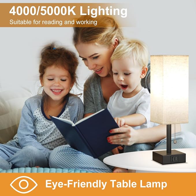 Small Bedside Table Lamp for Bedroom - Desk Lamp For Nightstand, USB C+A | Pull Chain Lamp, 3 Color Modes(3000K/4000K/5000K), E26 LED Bulb Included, Square Beige Fabric Lampshade, for Read, Work, Dorm