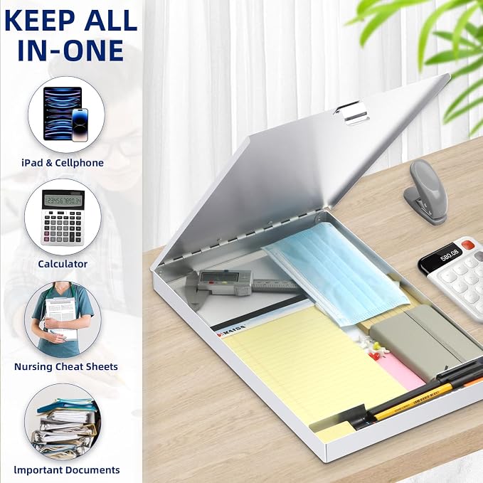 Metal Clipboard with Storage, Letter Size Form Holder Portfolio Aluminum Metal Binder with High Capacity Clip Posse Box - Surface for Legal Size Paper, for Office Business Professionals Stationer