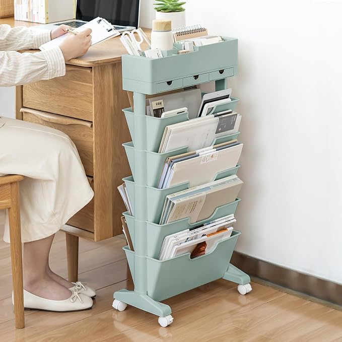 5 Tier Rolling Book Cart Multi-Functional Movable Storage Bookshelves | rolling bookshelf,Movable Storage Bookshelves with Lockable Wheels for Study Office Library Classroom,
