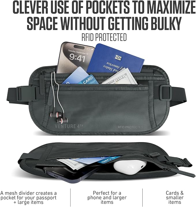 VENTURE 4TH Travel Money Belt, RFID Blocking Passport Holder - Sleek Gray