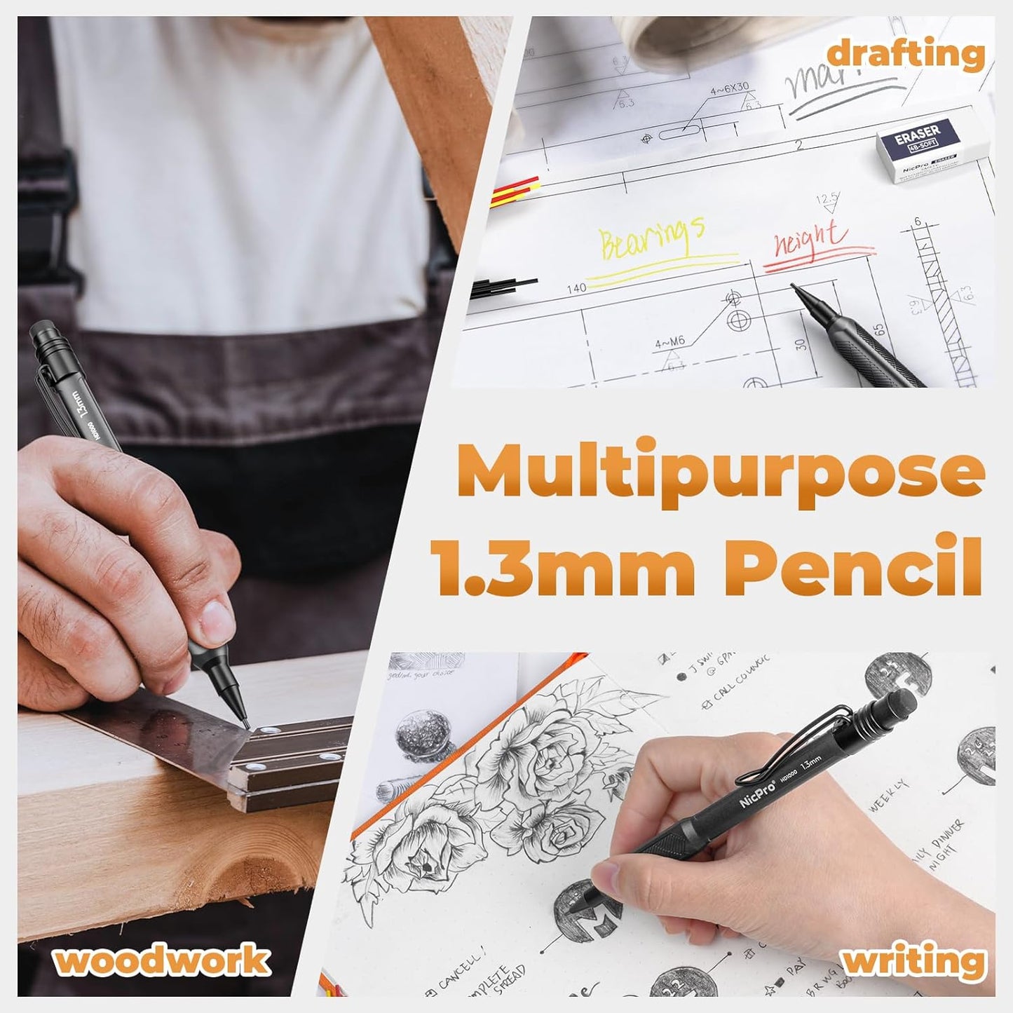 Nicpro 1.3mm Weatherproof Mechanical Pencil Set, HD1000 Metal Mechanical Pencils Heavy Duty Pencil for Outdoor All Weather Marking Drafting Drawing with 25 Lead Refills, Erasers, Case (Black)