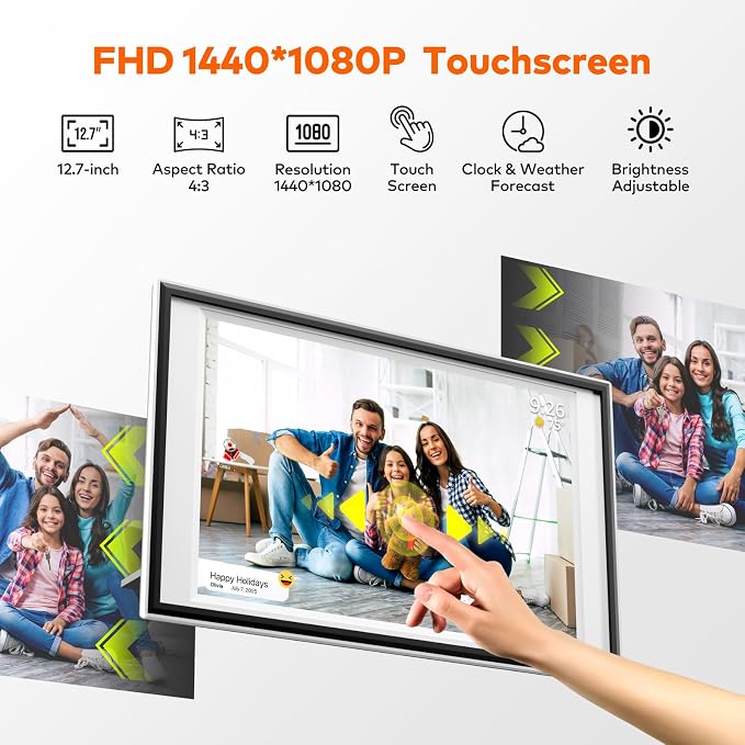 Frameo Digital Picture Frame 12.7'' 64GB Photo Frame, 1440 * 1080P IPS Touch Electronic Picture Frame, Auto-Rotate Tabletop&Wall Mounted,USB&SD Card, Sharing Photos/Videos via Free App from Anywhere