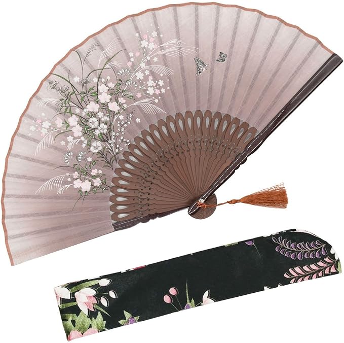 OMyTea® "Grassflowers 8.27"(21cm) Hand Held Folding Fans - With a Fabric Sleeve for Protection for Gifts - Chinese/Japanese Vintage Retro Style (Brown)