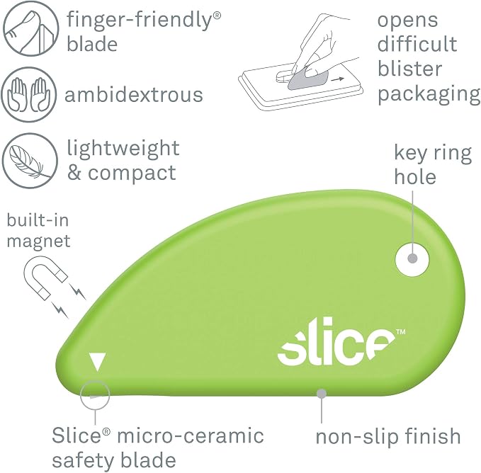 Slice Micro Safety Cutter | Safe Ceramic Box Cutter Lasting 11x Longer than Metal | Keychain Box Opener | 2 Pack | Green